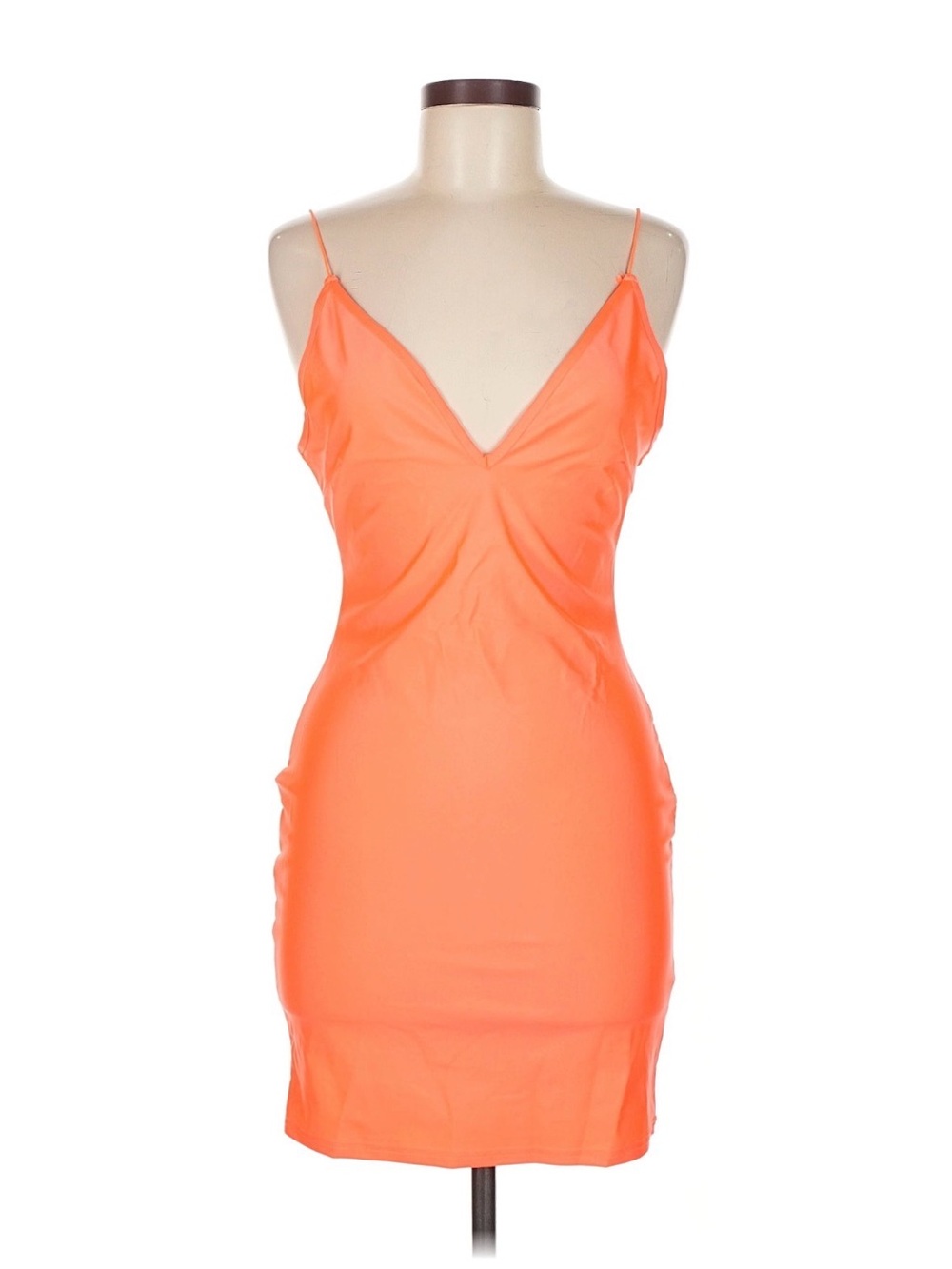 Revamped Orange Solid V-Neck Bodycon Slip Spaghetti Strap Short Dress Size M